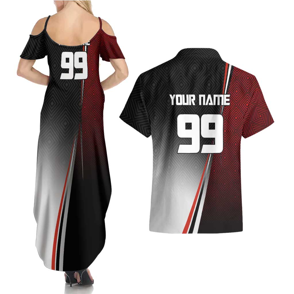 Personalized Panda Jujutsu Kaisen Soccer Theme Couples Matching Summer Maxi Dress and Hawaiian Shirt with Goalkeeper Pose and Red Black Geometric Graphic Design - The Mazicc