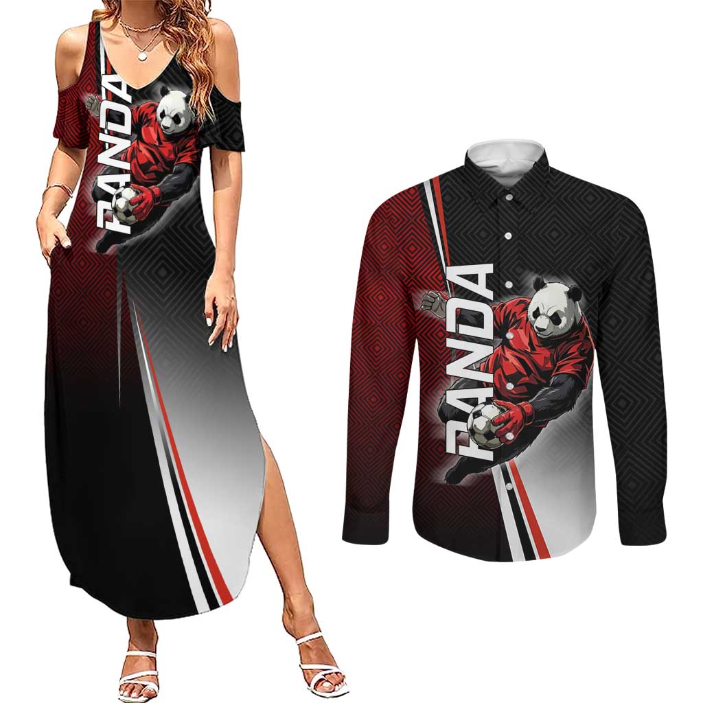 Personalized Panda Jujutsu Kaisen Soccer Theme Couples Matching Summer Maxi Dress and Long Sleeve Button Shirt with Goalkeeper Pose and Red Black Geometric Graphic Design - The Mazicc
