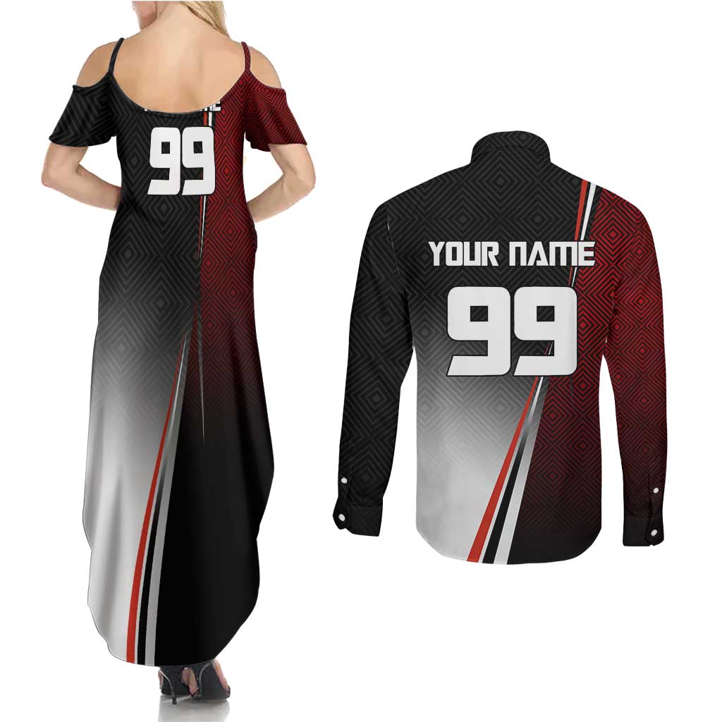 Personalized Panda Jujutsu Kaisen Soccer Theme Couples Matching Summer Maxi Dress and Long Sleeve Button Shirt with Goalkeeper Pose and Red Black Geometric Graphic Design - The Mazicc