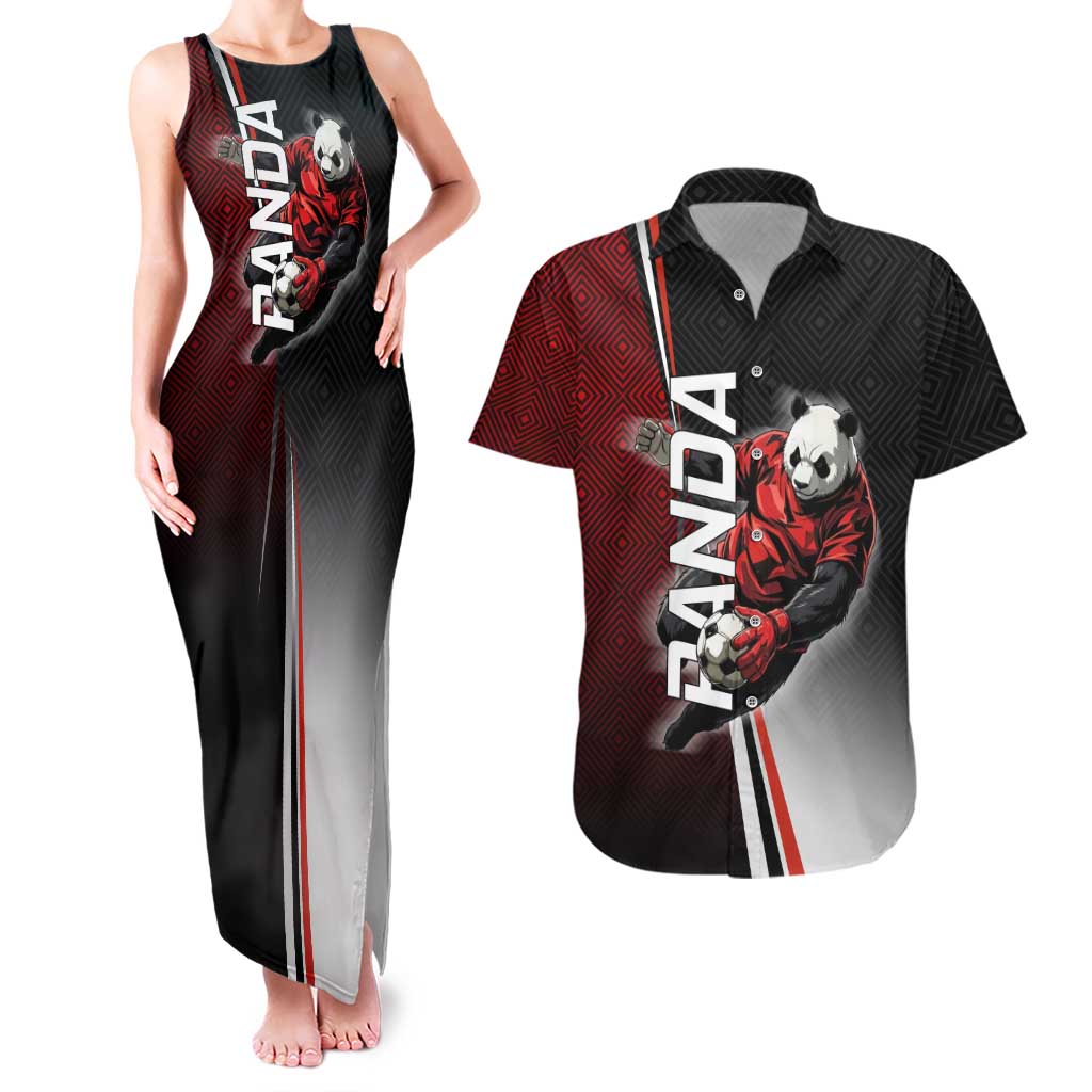 Personalized Panda Jujutsu Kaisen Soccer Theme Couples Matching Tank Maxi Dress and Hawaiian Shirt with Goalkeeper Pose and Red Black Geometric Graphic Design - The Mazicc