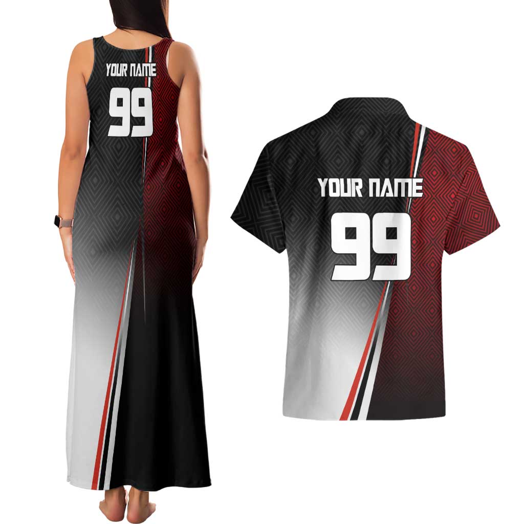 Personalized Panda Jujutsu Kaisen Soccer Theme Couples Matching Tank Maxi Dress and Hawaiian Shirt with Goalkeeper Pose and Red Black Geometric Graphic Design - The Mazicc