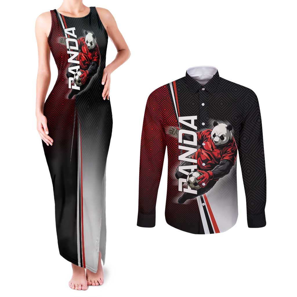 Personalized Panda Jujutsu Kaisen Soccer Theme Couples Matching Tank Maxi Dress and Long Sleeve Button Shirt with Goalkeeper Pose and Red Black Geometric Graphic Design - The Mazicc