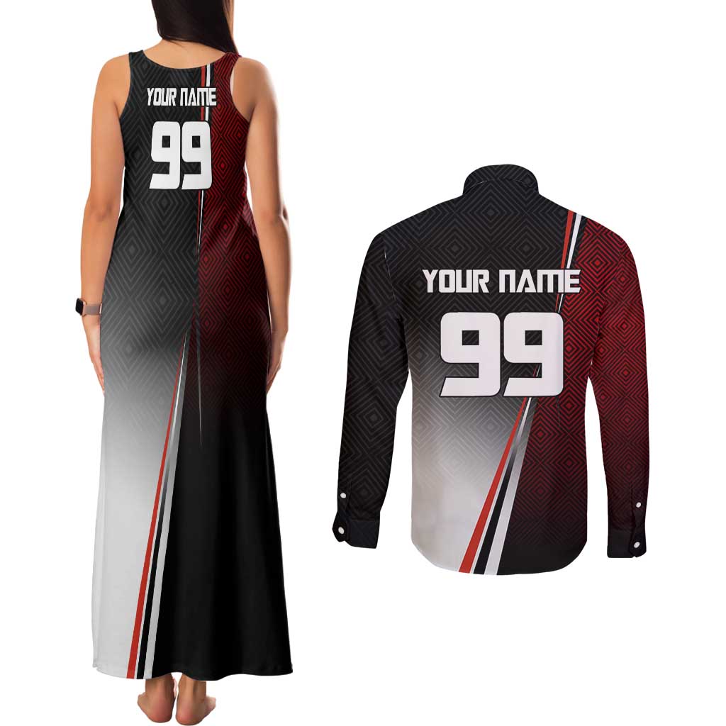 Personalized Panda Jujutsu Kaisen Soccer Theme Couples Matching Tank Maxi Dress and Long Sleeve Button Shirt with Goalkeeper Pose and Red Black Geometric Graphic Design - The Mazicc