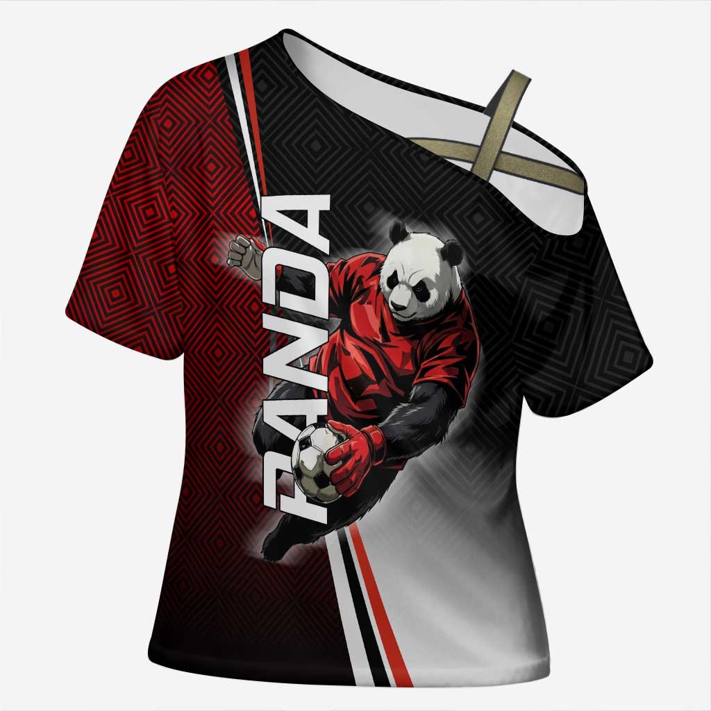 Personalized Panda Jujutsu Kaisen Soccer Theme Cross Shoulder Shirt with Goalkeeper Pose and Red Black Geometric Graphic Design - The Mazicc