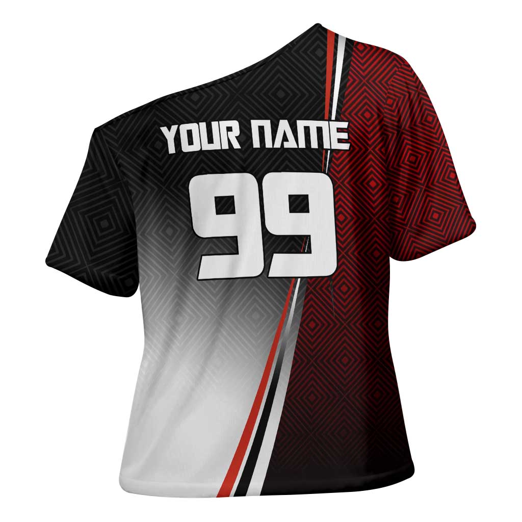 Personalized Panda Jujutsu Kaisen Soccer Theme Cross Shoulder Shirt with Goalkeeper Pose and Red Black Geometric Graphic Design - The Mazicc