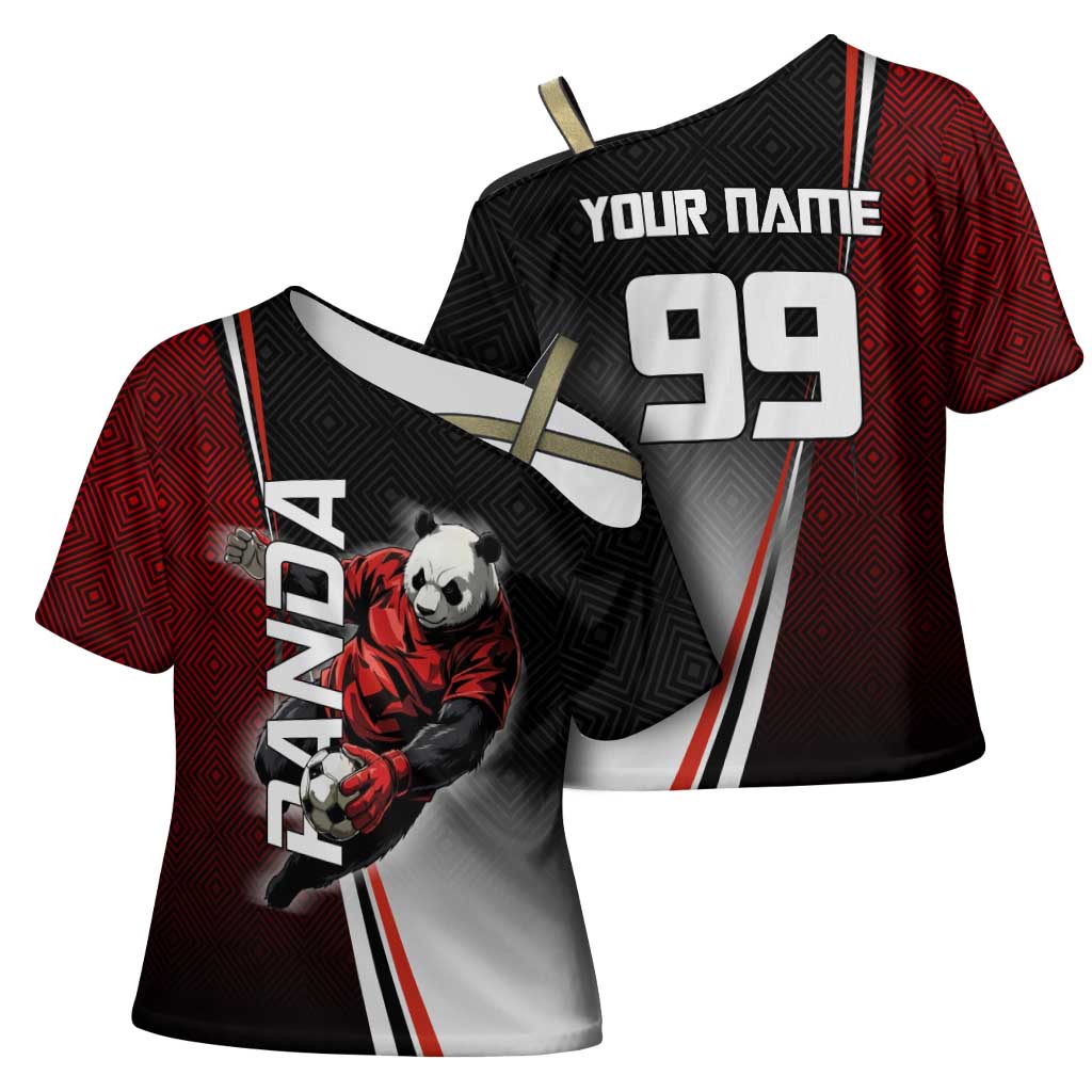 Personalized Panda Jujutsu Kaisen Soccer Theme Cross Shoulder Shirt with Goalkeeper Pose and Red Black Geometric Graphic Design - The Mazicc