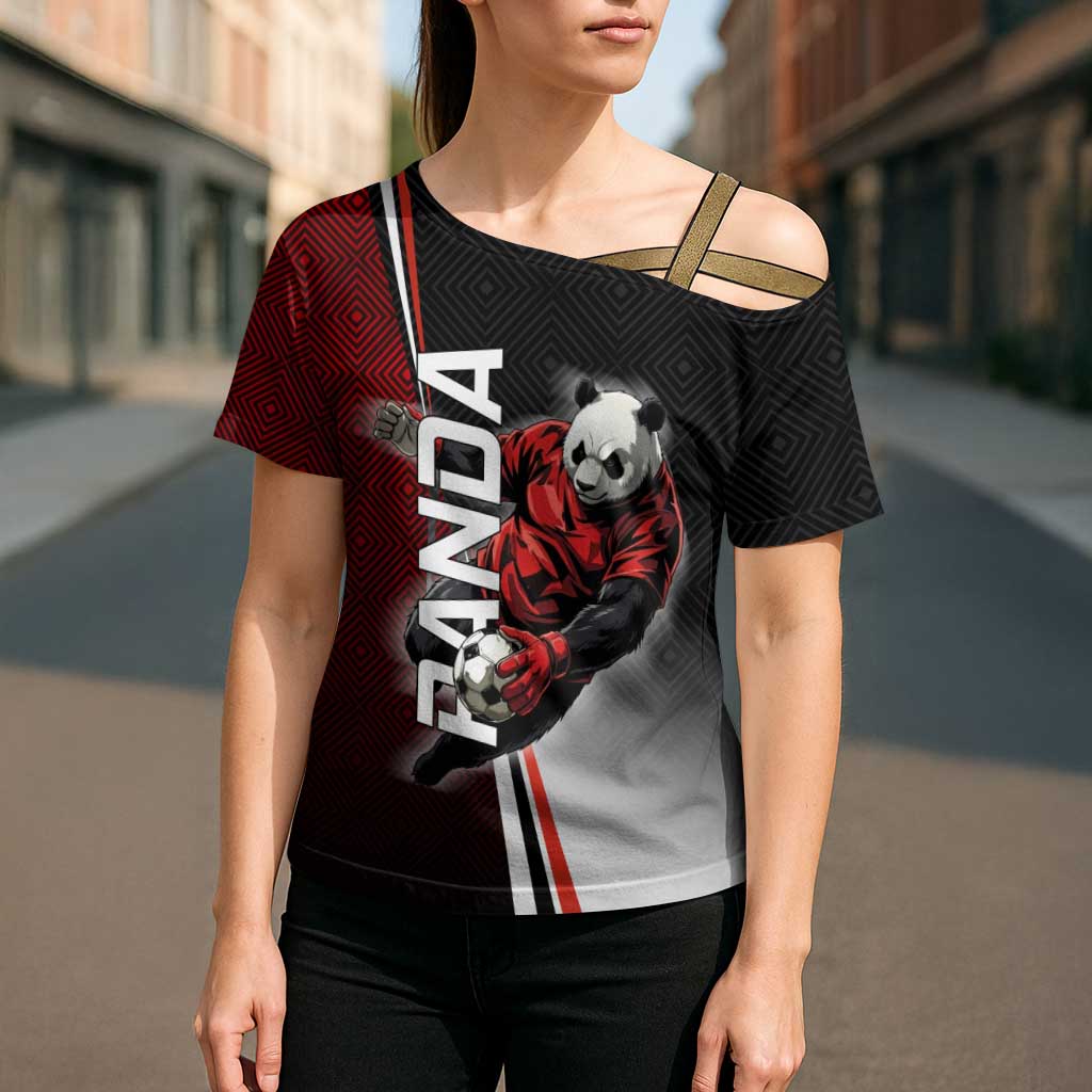 Personalized Panda Jujutsu Kaisen Soccer Theme Cross Shoulder Shirt with Goalkeeper Pose and Red Black Geometric Graphic Design - The Mazicc