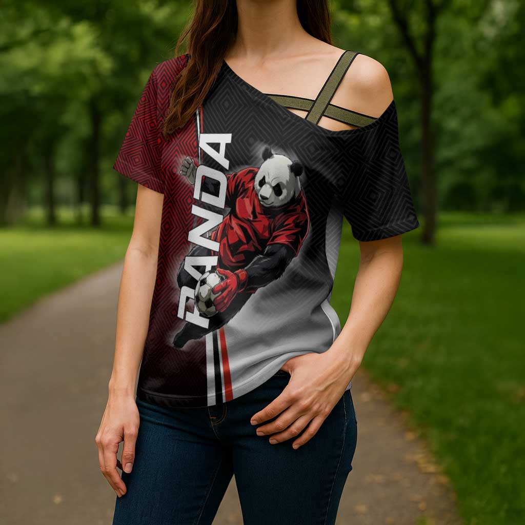 Personalized Panda Jujutsu Kaisen Soccer Theme Cross Shoulder Shirt with Goalkeeper Pose and Red Black Geometric Graphic Design - The Mazicc