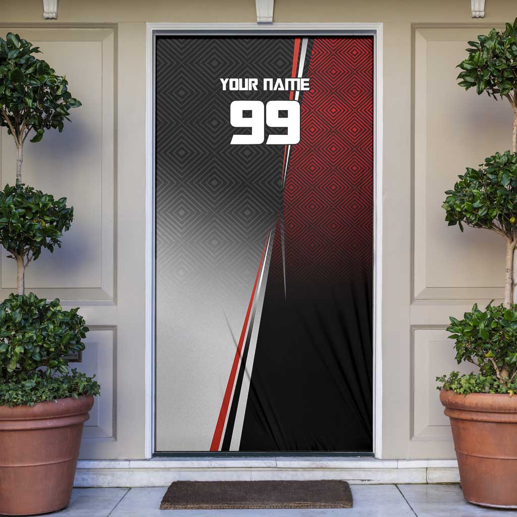 Personalized Panda Jujutsu Kaisen Soccer Theme Door Cover with Goalkeeper Pose and Red Black Geometric Graphic Design - The Mazicc