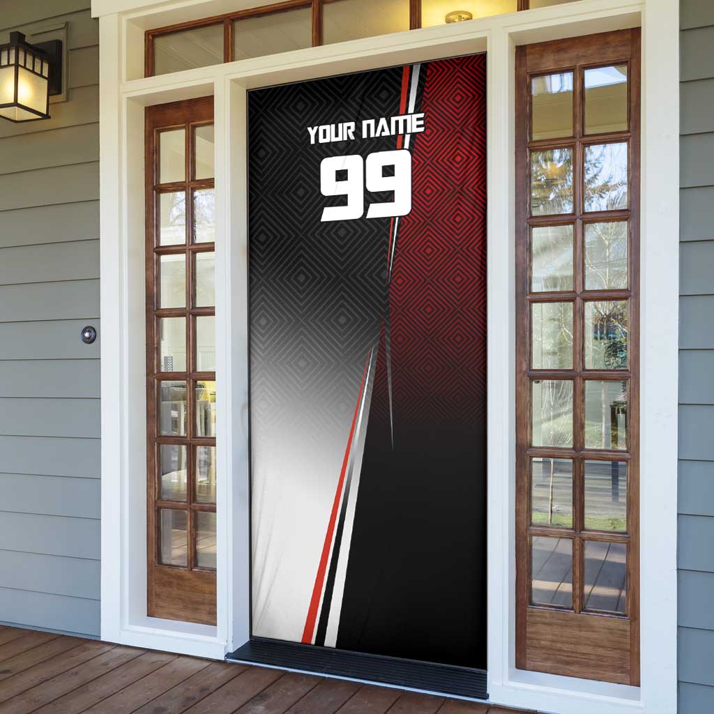 Personalized Panda Jujutsu Kaisen Soccer Theme Door Cover with Goalkeeper Pose and Red Black Geometric Graphic Design - The Mazicc