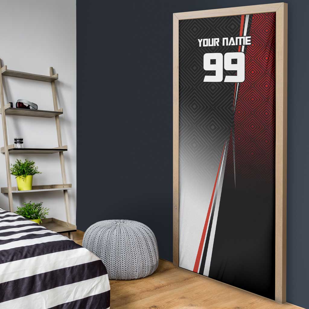 Personalized Panda Jujutsu Kaisen Soccer Theme Door Cover with Goalkeeper Pose and Red Black Geometric Graphic Design - The Mazicc