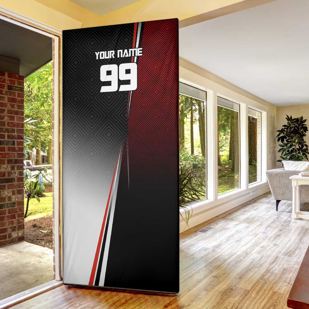 Personalized Panda Jujutsu Kaisen Soccer Theme Door Cover with Goalkeeper Pose and Red Black Geometric Graphic Design - The Mazicc