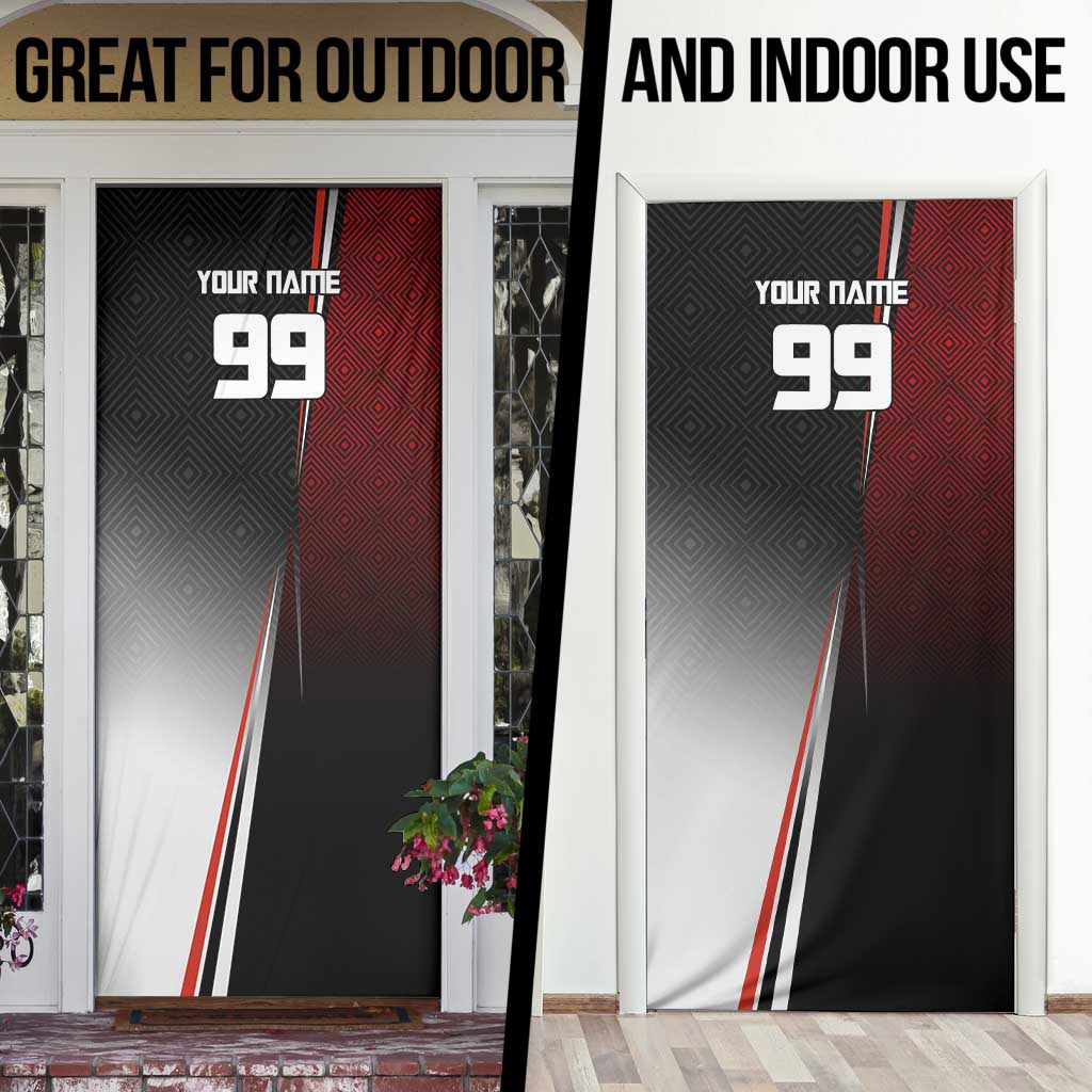 Personalized Panda Jujutsu Kaisen Soccer Theme Door Cover with Goalkeeper Pose and Red Black Geometric Graphic Design - The Mazicc
