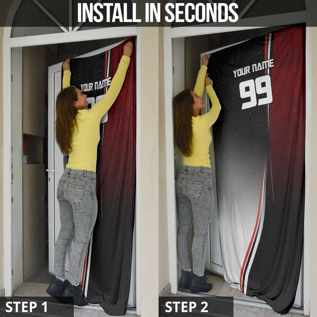Personalized Panda Jujutsu Kaisen Soccer Theme Door Cover with Goalkeeper Pose and Red Black Geometric Graphic Design - The Mazicc