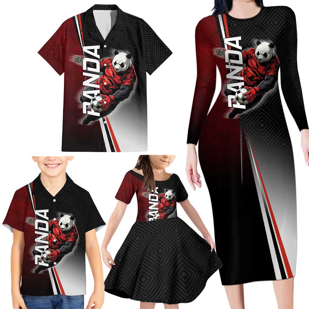 Personalized Panda Jujutsu Kaisen Soccer Theme Family Matching Long Sleeve Bodycon Dress and Hawaiian Shirt with Goalkeeper Pose and Red Black Geometric Graphic Design