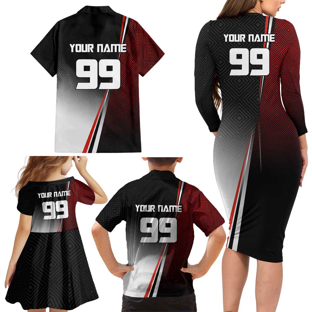 Personalized Panda Jujutsu Kaisen Soccer Theme Family Matching Long Sleeve Bodycon Dress and Hawaiian Shirt with Goalkeeper Pose and Red Black Geometric Graphic Design