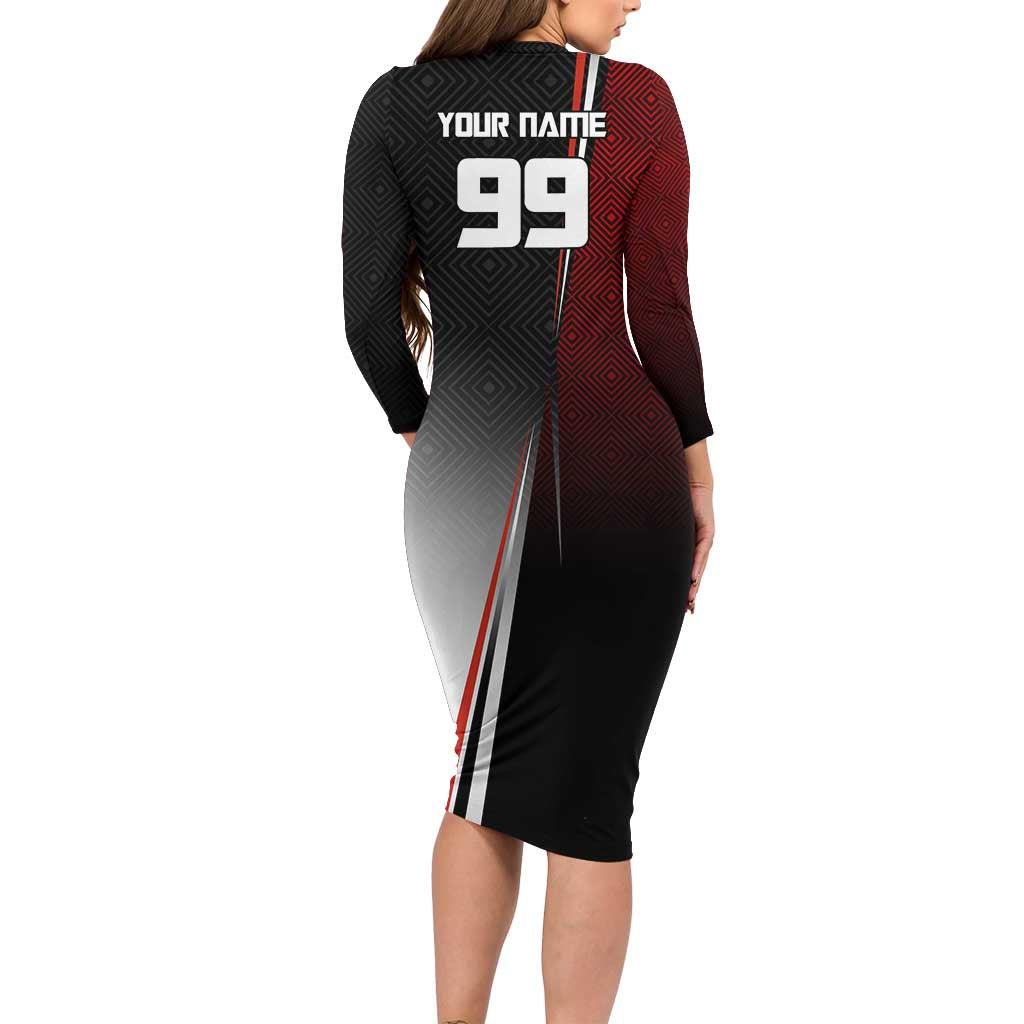 Personalized Panda Jujutsu Kaisen Soccer Theme Family Matching Long Sleeve Bodycon Dress and Hawaiian Shirt with Goalkeeper Pose and Red Black Geometric Graphic Design
