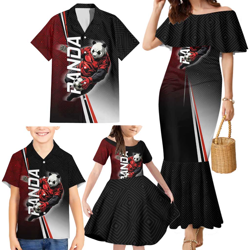 Personalized Panda Jujutsu Kaisen Soccer Theme Family Matching Mermaid Dress and Hawaiian Shirt with Goalkeeper Pose and Red Black Geometric Graphic Design