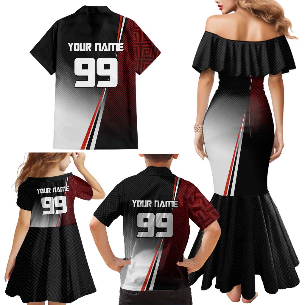 Personalized Panda Jujutsu Kaisen Soccer Theme Family Matching Mermaid Dress and Hawaiian Shirt with Goalkeeper Pose and Red Black Geometric Graphic Design