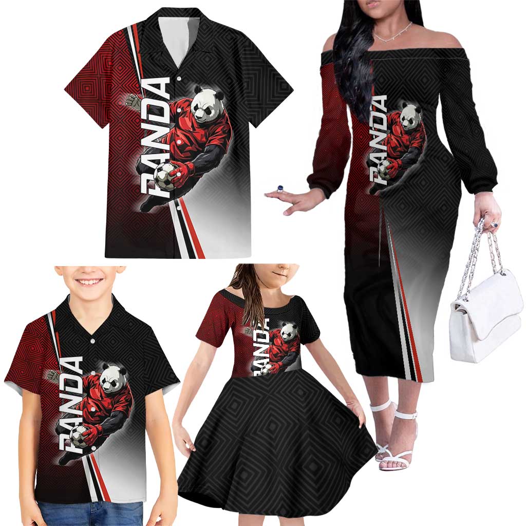 Personalized Panda Jujutsu Kaisen Soccer Theme Family Matching Off The Shoulder Long Sleeve Dress and Hawaiian Shirt with Goalkeeper Pose and Red Black Geometric Graphic Design