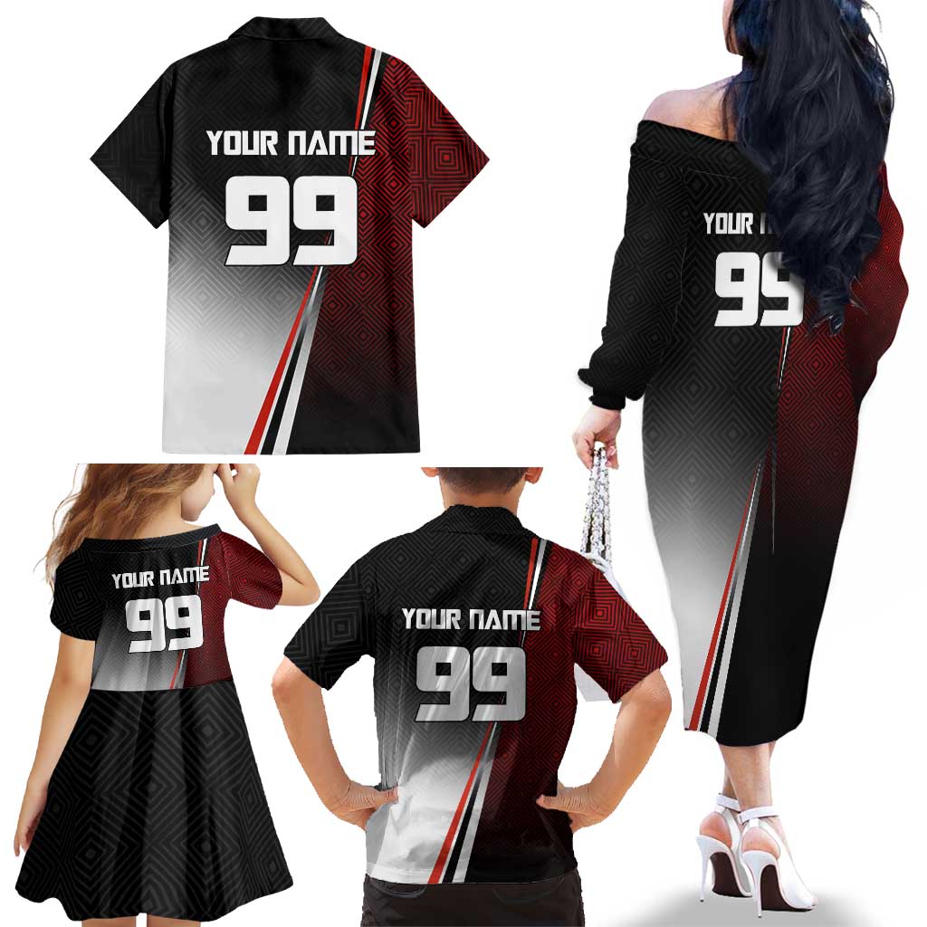 Personalized Panda Jujutsu Kaisen Soccer Theme Family Matching Off The Shoulder Long Sleeve Dress and Hawaiian Shirt with Goalkeeper Pose and Red Black Geometric Graphic Design