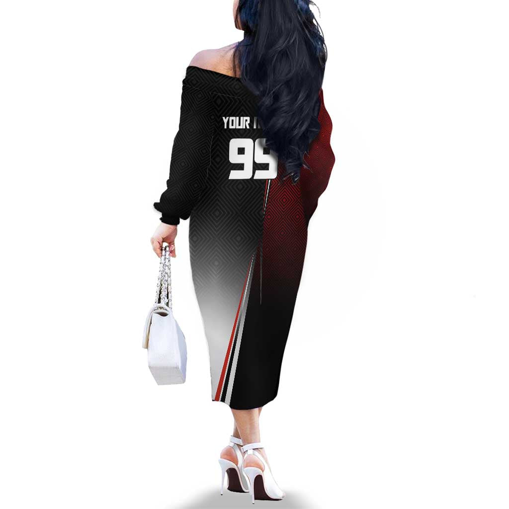 Personalized Panda Jujutsu Kaisen Soccer Theme Family Matching Off The Shoulder Long Sleeve Dress and Hawaiian Shirt with Goalkeeper Pose and Red Black Geometric Graphic Design