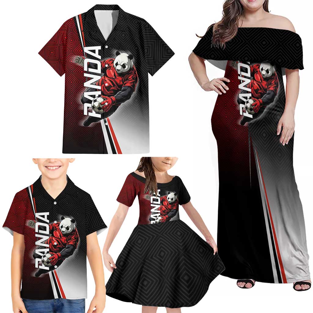 Personalized Panda Jujutsu Kaisen Soccer Theme Family Matching Off Shoulder Maxi Dress and Hawaiian Shirt with Goalkeeper Pose and Red Black Geometric Graphic Design