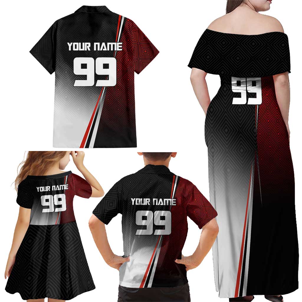 Personalized Panda Jujutsu Kaisen Soccer Theme Family Matching Off Shoulder Maxi Dress and Hawaiian Shirt with Goalkeeper Pose and Red Black Geometric Graphic Design