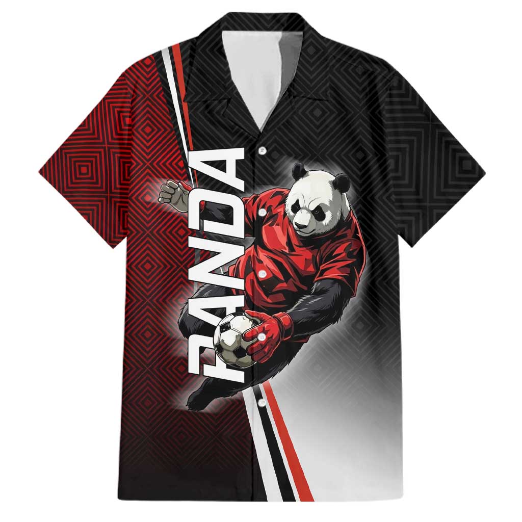 Personalized Panda Jujutsu Kaisen Soccer Theme Family Matching Off Shoulder Maxi Dress and Hawaiian Shirt with Goalkeeper Pose and Red Black Geometric Graphic Design