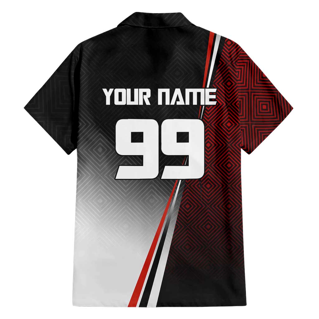 Personalized Panda Jujutsu Kaisen Soccer Theme Family Matching Off Shoulder Maxi Dress and Hawaiian Shirt with Goalkeeper Pose and Red Black Geometric Graphic Design