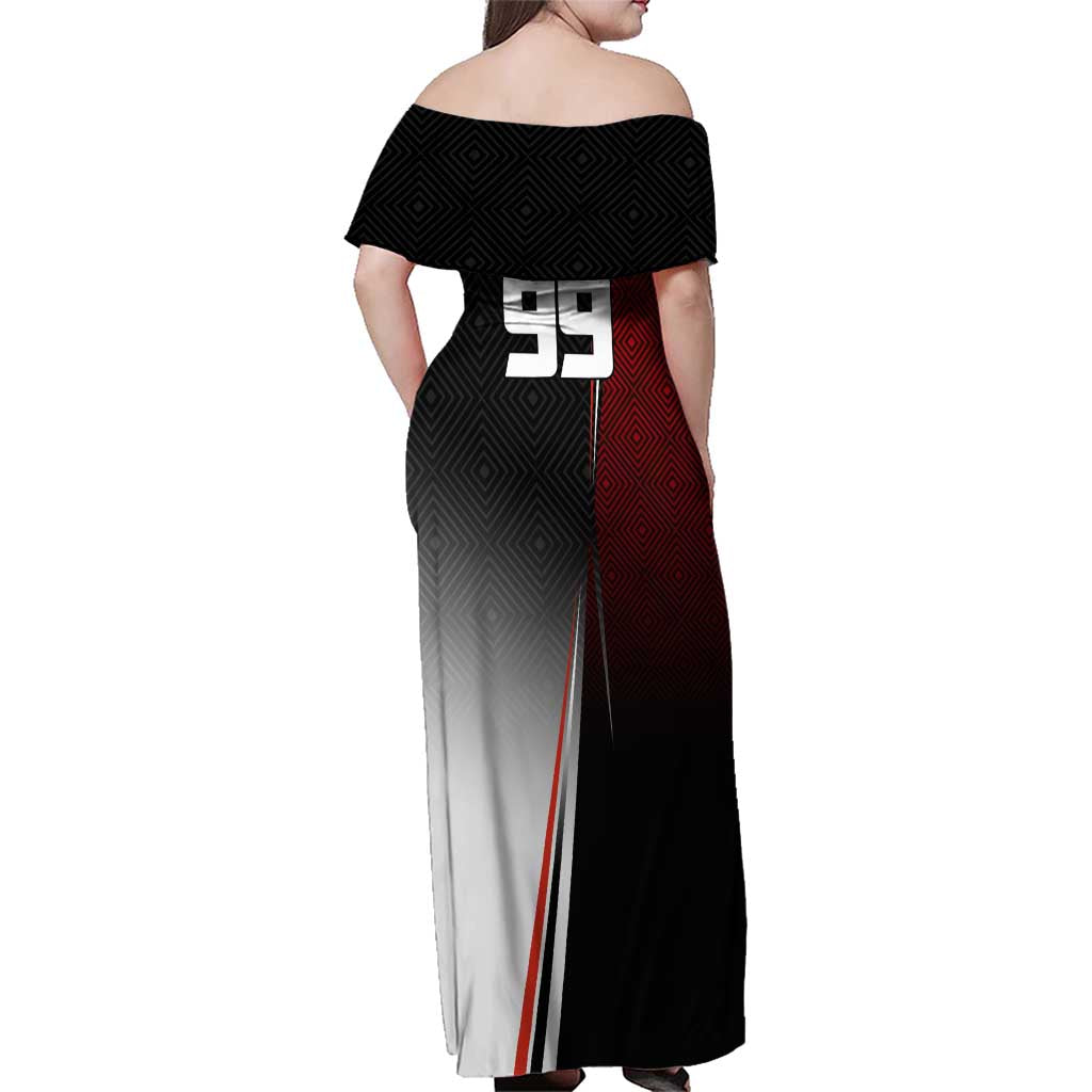 Personalized Panda Jujutsu Kaisen Soccer Theme Family Matching Off Shoulder Maxi Dress and Hawaiian Shirt with Goalkeeper Pose and Red Black Geometric Graphic Design