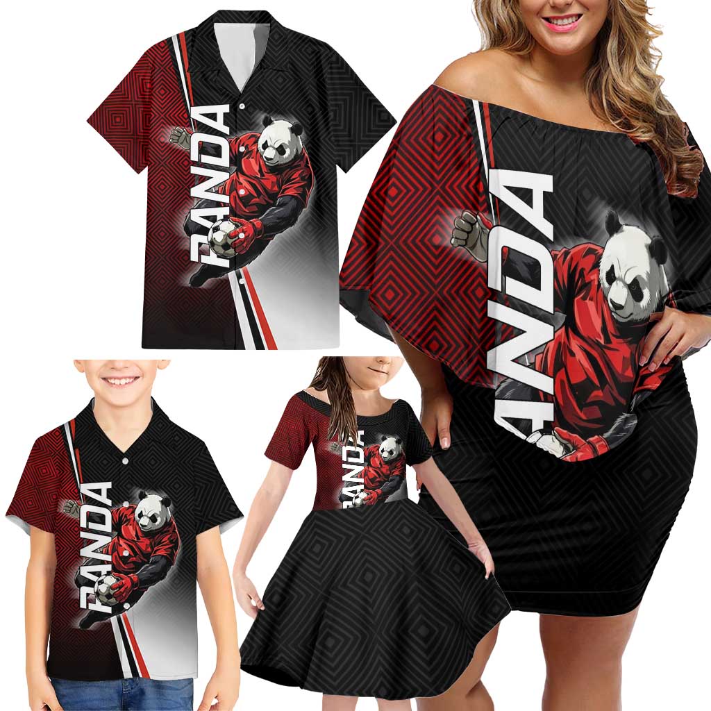 Personalized Panda Jujutsu Kaisen Soccer Theme Family Matching Off Shoulder Short Dress and Hawaiian Shirt with Goalkeeper Pose and Red Black Geometric Graphic Design