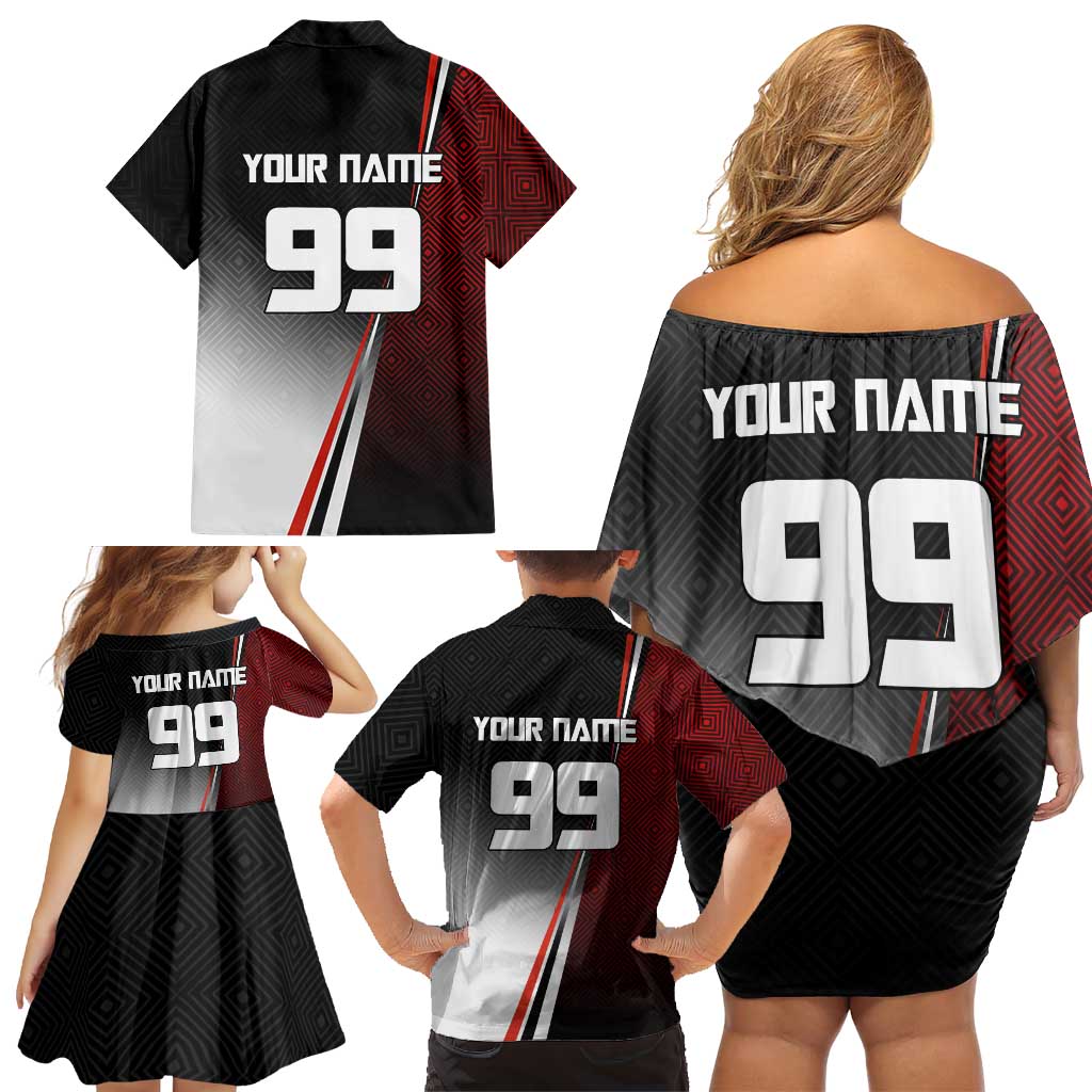 Personalized Panda Jujutsu Kaisen Soccer Theme Family Matching Off Shoulder Short Dress and Hawaiian Shirt with Goalkeeper Pose and Red Black Geometric Graphic Design