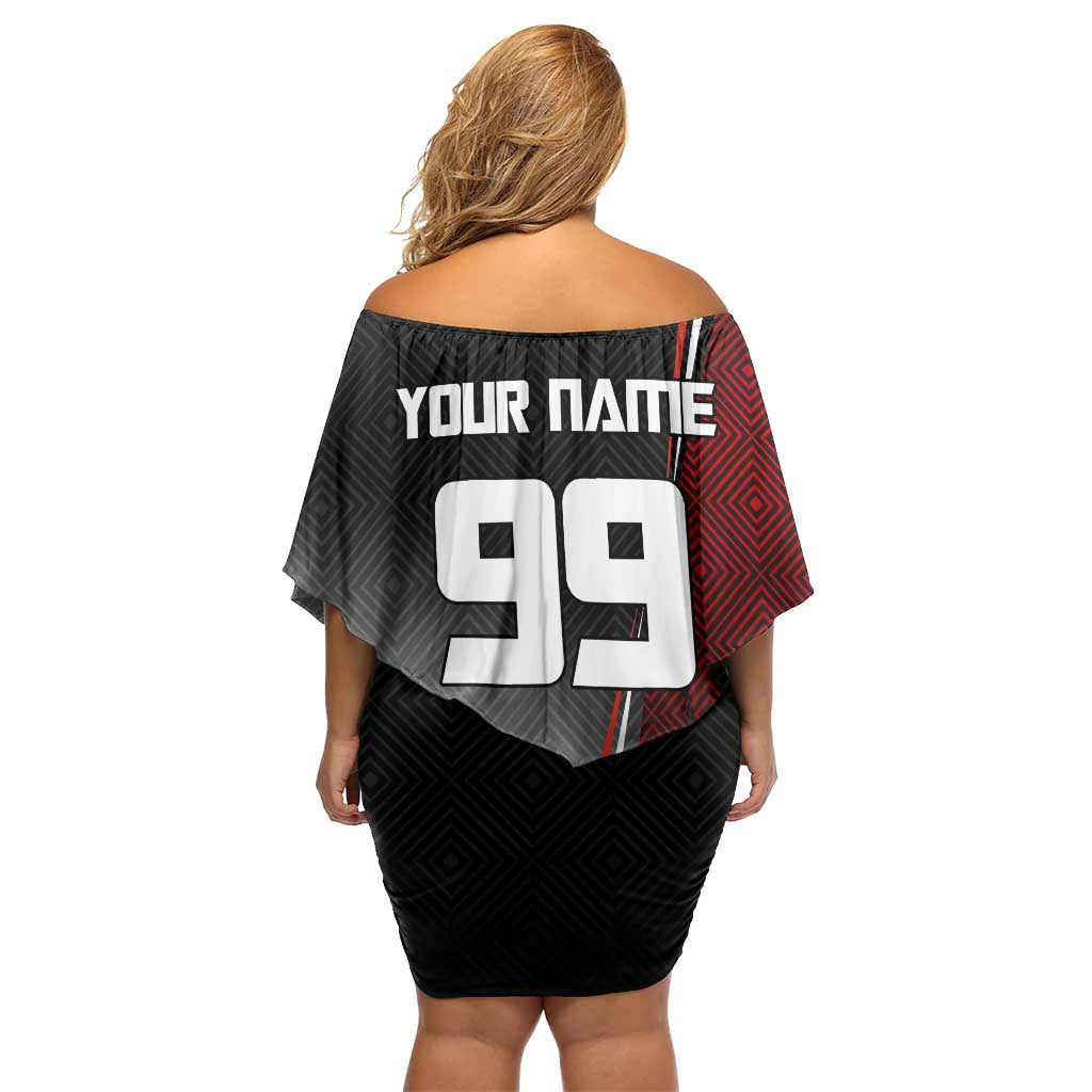 Personalized Panda Jujutsu Kaisen Soccer Theme Family Matching Off Shoulder Short Dress and Hawaiian Shirt with Goalkeeper Pose and Red Black Geometric Graphic Design