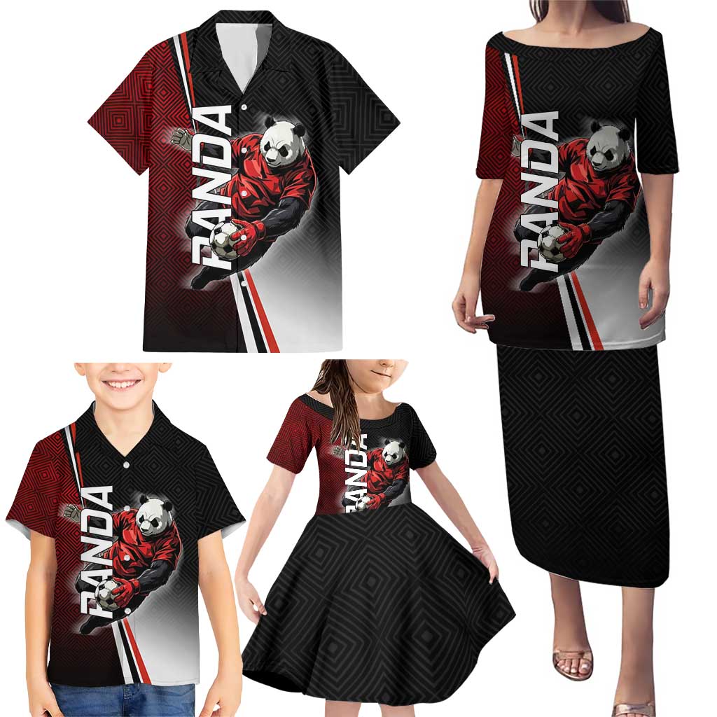 Personalized Panda Jujutsu Kaisen Soccer Theme Family Matching Puletasi and Hawaiian Shirt with Goalkeeper Pose and Red Black Geometric Graphic Design