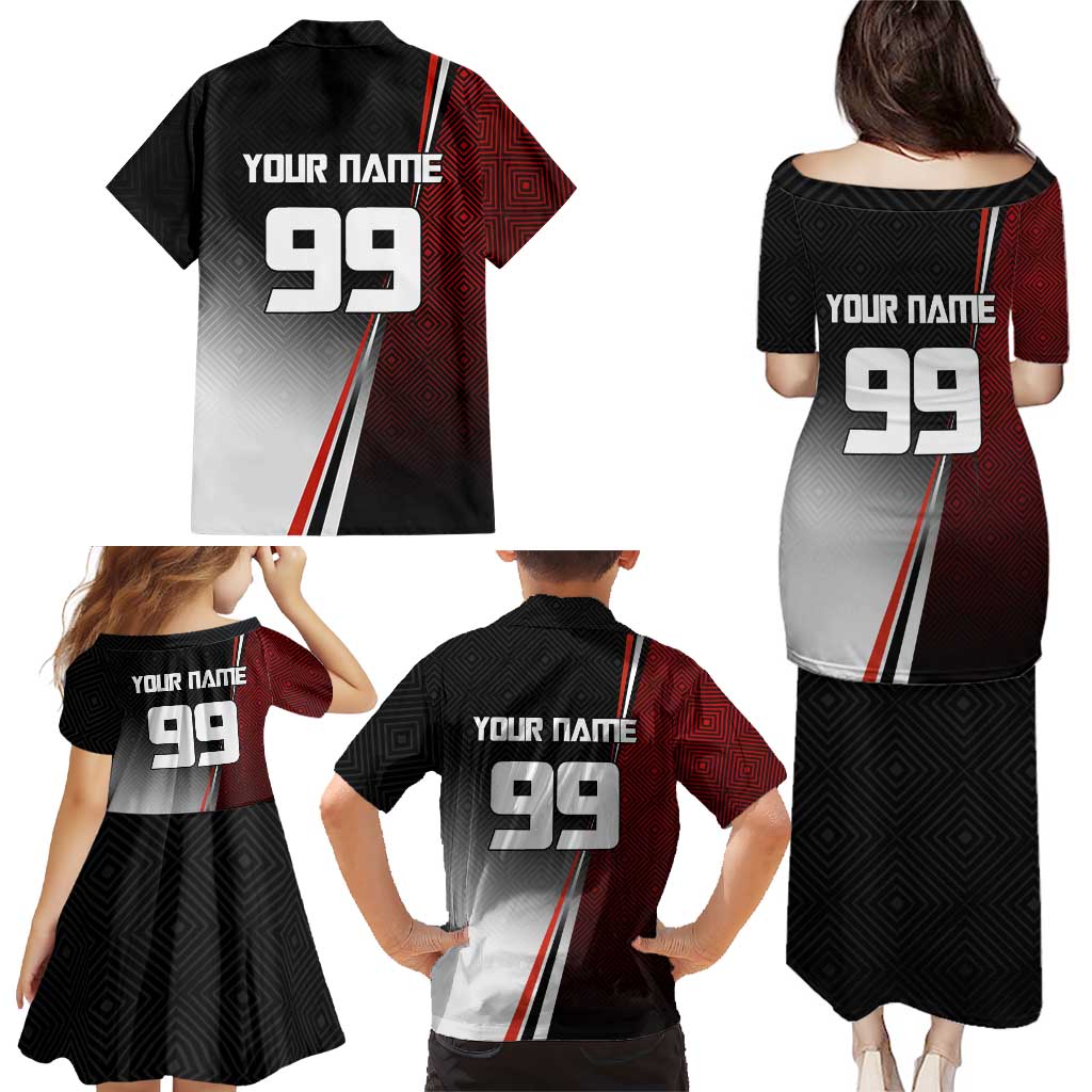 Personalized Panda Jujutsu Kaisen Soccer Theme Family Matching Puletasi and Hawaiian Shirt with Goalkeeper Pose and Red Black Geometric Graphic Design