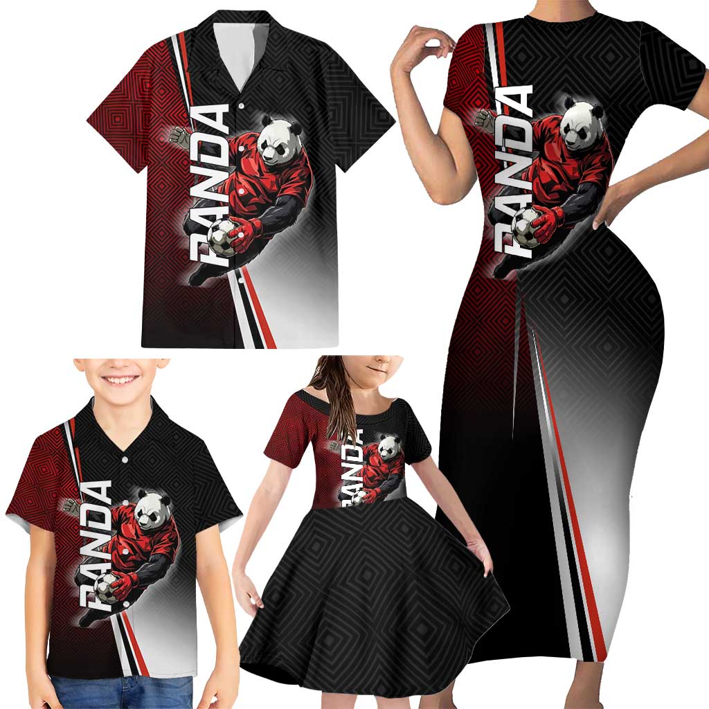 Personalized Panda Jujutsu Kaisen Soccer Theme Family Matching Short Sleeve Bodycon Dress and Hawaiian Shirt with Goalkeeper Pose and Red Black Geometric Graphic Design