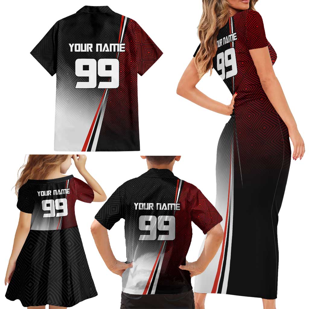 Personalized Panda Jujutsu Kaisen Soccer Theme Family Matching Short Sleeve Bodycon Dress and Hawaiian Shirt with Goalkeeper Pose and Red Black Geometric Graphic Design