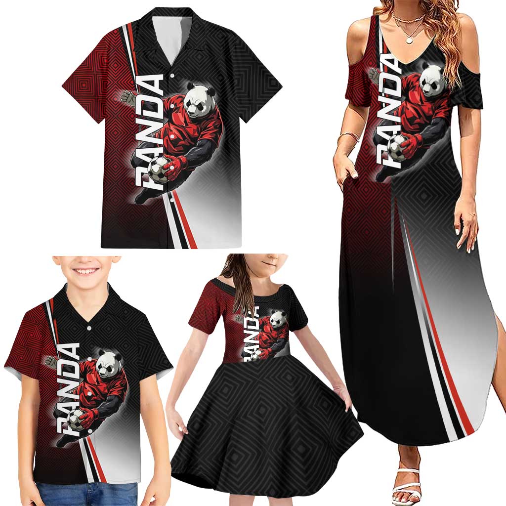 Personalized Panda Jujutsu Kaisen Soccer Theme Family Matching Summer Maxi Dress and Hawaiian Shirt with Goalkeeper Pose and Red Black Geometric Graphic Design