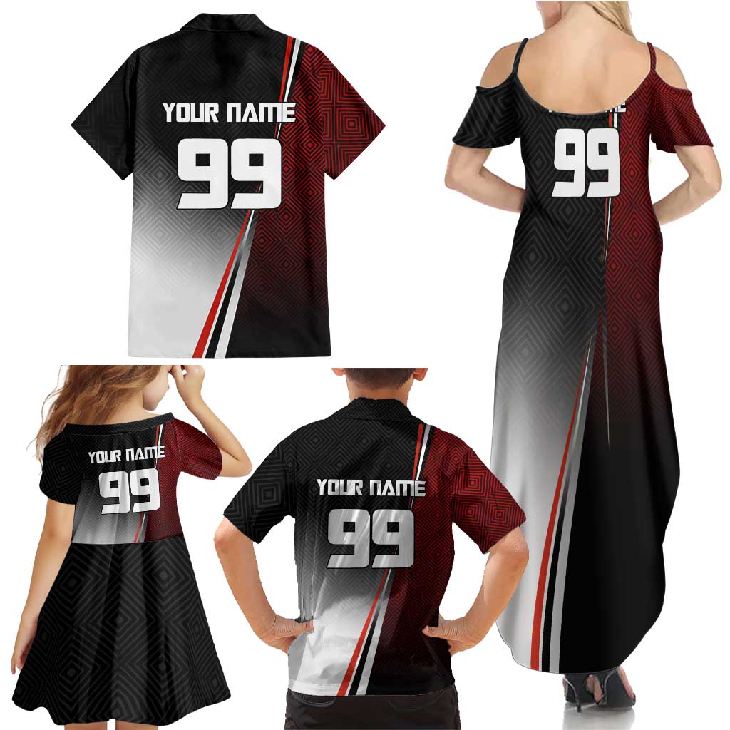 Personalized Panda Jujutsu Kaisen Soccer Theme Family Matching Summer Maxi Dress and Hawaiian Shirt with Goalkeeper Pose and Red Black Geometric Graphic Design