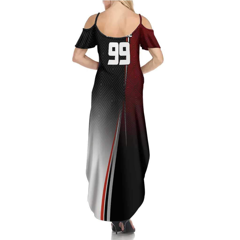 Personalized Panda Jujutsu Kaisen Soccer Theme Family Matching Summer Maxi Dress and Hawaiian Shirt with Goalkeeper Pose and Red Black Geometric Graphic Design