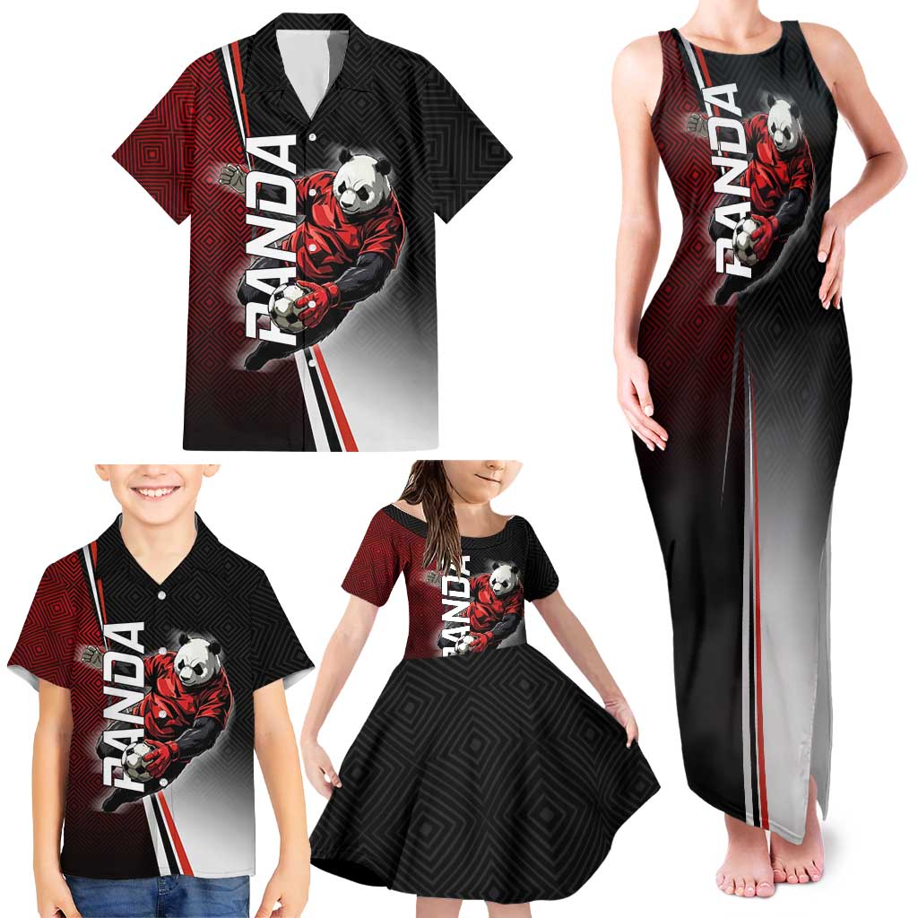 Personalized Panda Jujutsu Kaisen Soccer Theme Family Matching Tank Maxi Dress and Hawaiian Shirt with Goalkeeper Pose and Red Black Geometric Graphic Design