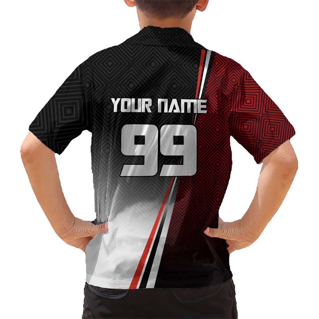 Personalized Panda Jujutsu Kaisen Soccer Theme Family Matching Tank Maxi Dress and Hawaiian Shirt with Goalkeeper Pose and Red Black Geometric Graphic Design