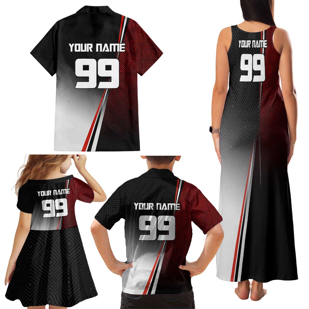 Personalized Panda Jujutsu Kaisen Soccer Theme Family Matching Tank Maxi Dress and Hawaiian Shirt with Goalkeeper Pose and Red Black Geometric Graphic Design