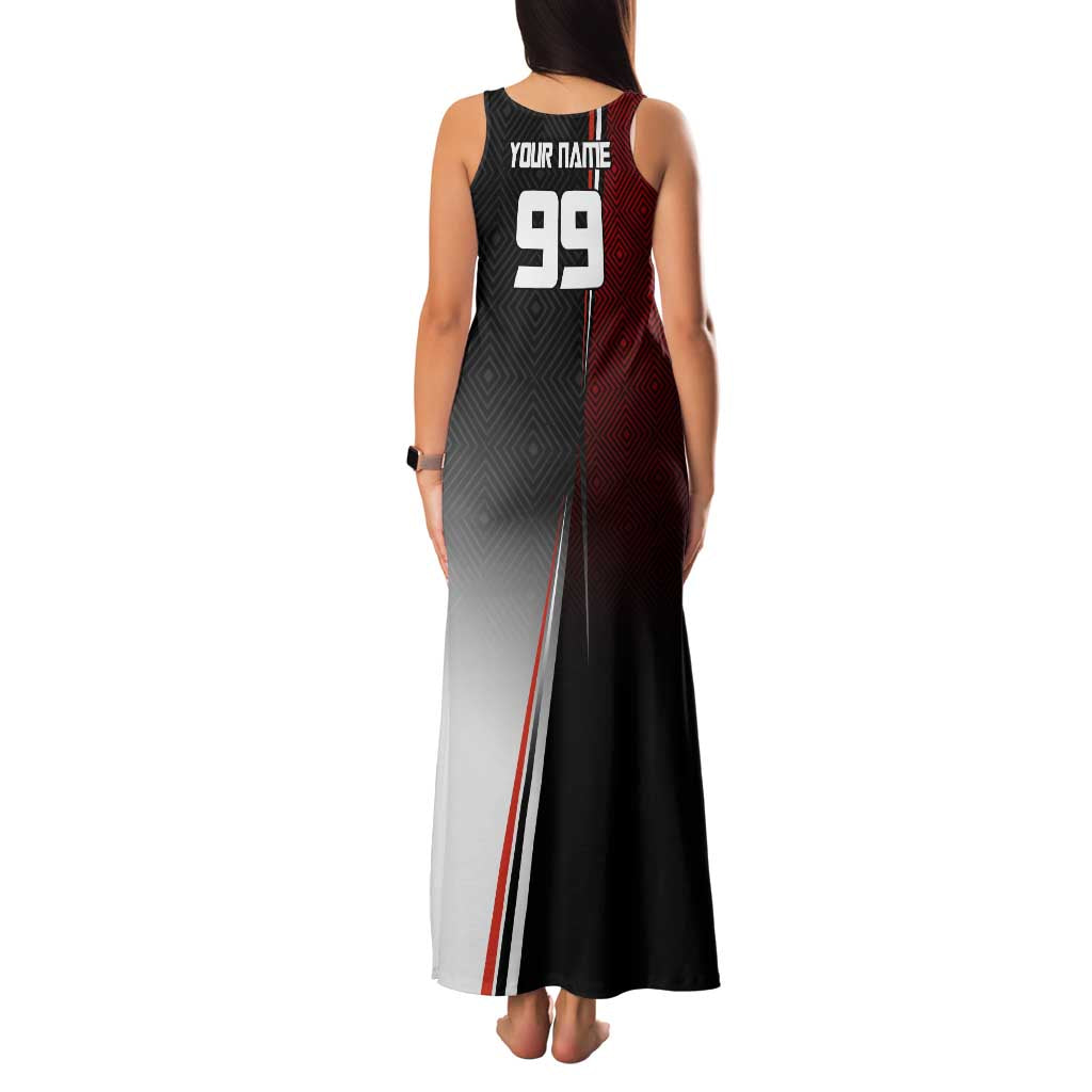Personalized Panda Jujutsu Kaisen Soccer Theme Family Matching Tank Maxi Dress and Hawaiian Shirt with Goalkeeper Pose and Red Black Geometric Graphic Design