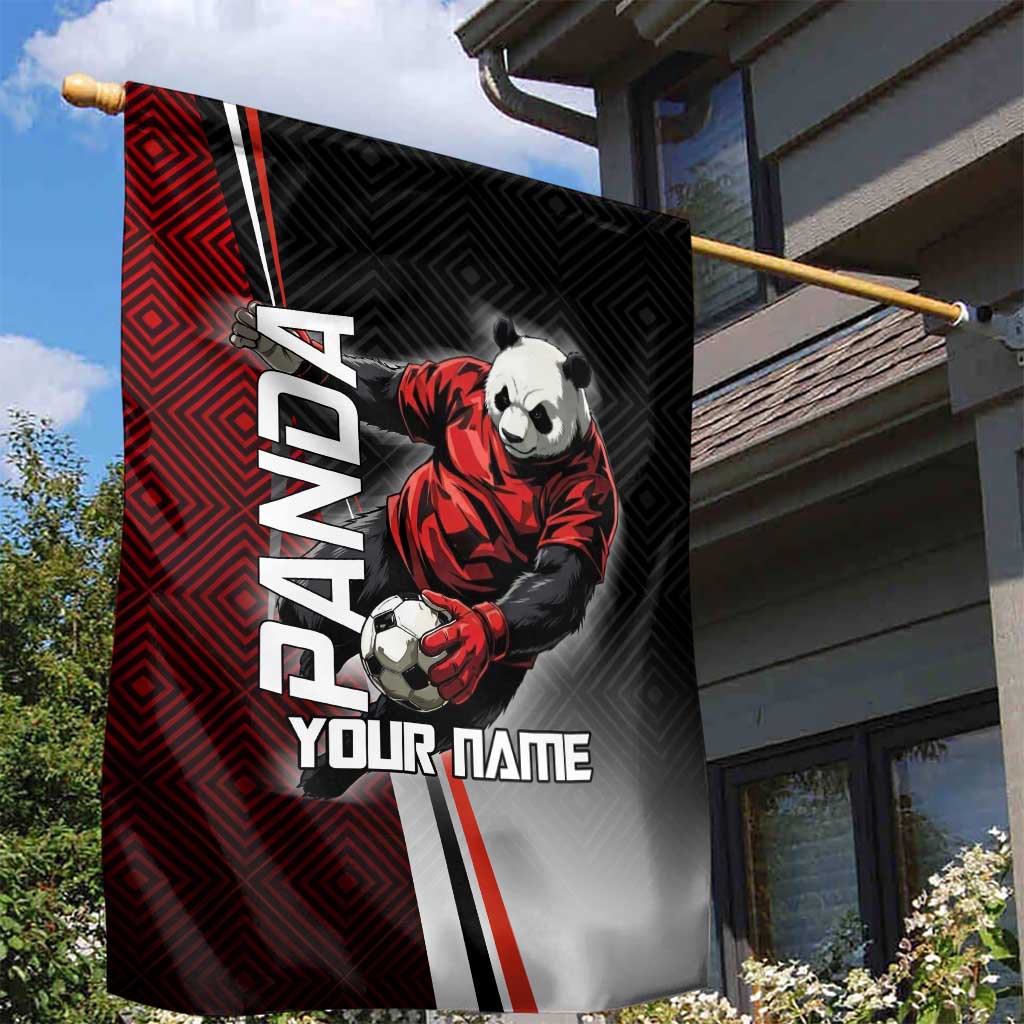 Personalized Panda Jujutsu Kaisen Soccer Theme Garden Flag with Goalkeeper Pose and Red Black Geometric Graphic Design - The Mazicc