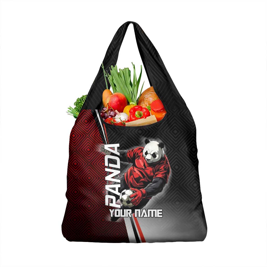 Personalized Panda Jujutsu Kaisen Soccer Theme Grocery Bag with Goalkeeper Pose and Red Black Geometric Graphic Design - The Mazicc