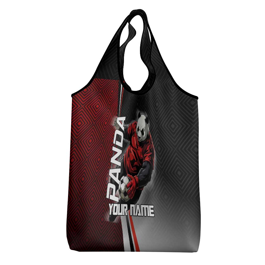 Personalized Panda Jujutsu Kaisen Soccer Theme Grocery Bag with Goalkeeper Pose and Red Black Geometric Graphic Design - The Mazicc