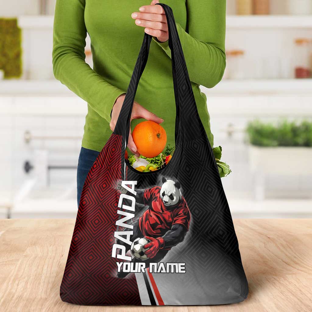 Personalized Panda Jujutsu Kaisen Soccer Theme Grocery Bag with Goalkeeper Pose and Red Black Geometric Graphic Design - The Mazicc