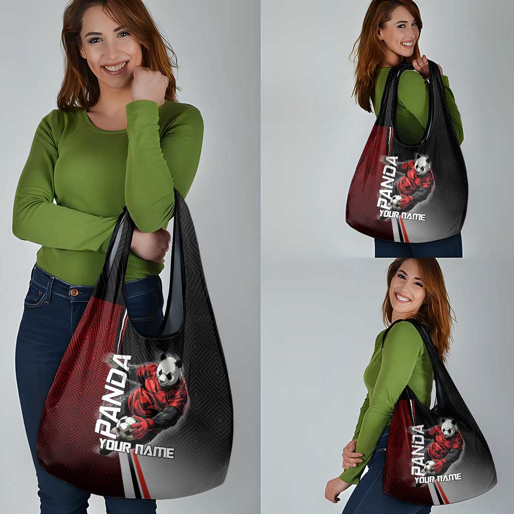 Personalized Panda Jujutsu Kaisen Soccer Theme Grocery Bag with Goalkeeper Pose and Red Black Geometric Graphic Design - The Mazicc